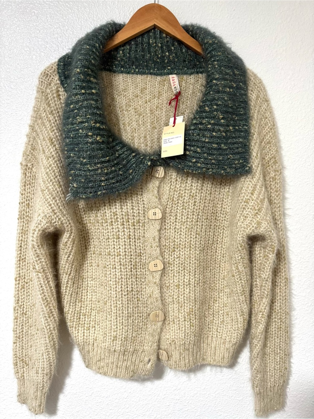 RAGA Beige Cardigan with Green Textured Collar